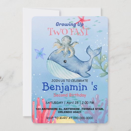 かわいい虹のタコ鯨2nd誕生日パーティー 招待状 (正面)