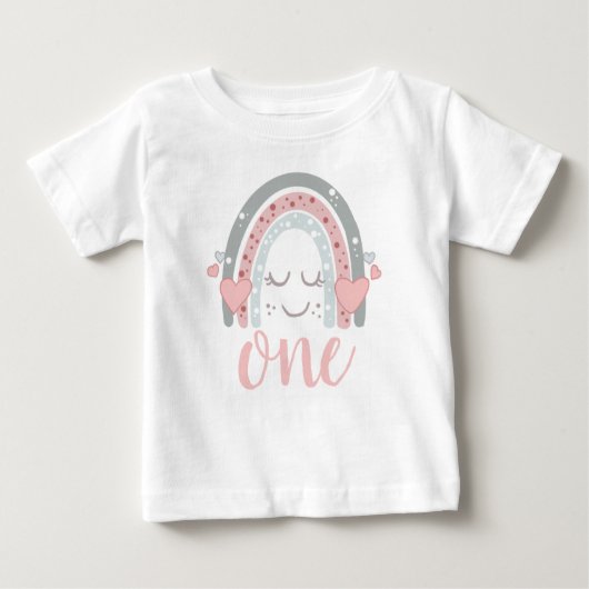 かわいい虹のファーストバースデー、1歳の誕生日 ベビーTシャツ (正面)