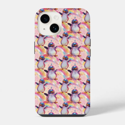 かわいい虹のペンギンと星のパターン iPhoneケース (裏面)