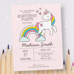かわいい虹のユニコーンとスパークル 誕生日 インビテーションポストカード