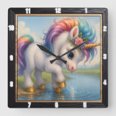 かわいい虹のユニコーンのスプラッシュ スクエア壁時計 (正面)