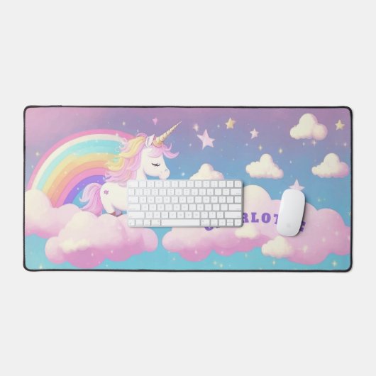 かわいい虹のユニコーンガーリーの名パーソナライズされた前 デスクマット (キーボード&マウス)