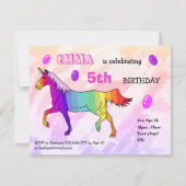 かわいい虹のユニコーンガーリー誕生日パーティー 招待状 (正面)