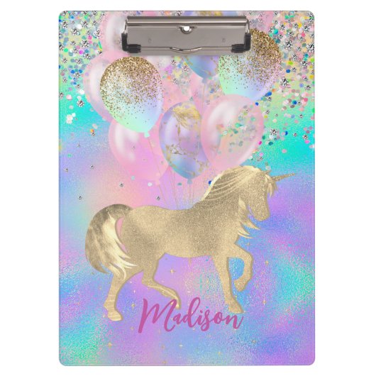 かわいい虹のユニコーングリッター風船モノグラム クリップボード (正面)