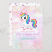 かわいい虹のユニコーンバースデーパーティーの招待状 招待状 (正面/裏面)