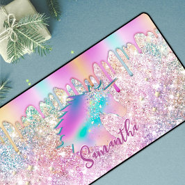 かわいい虹のユニコーンフェイクグリッター星モノグラム デスクマット