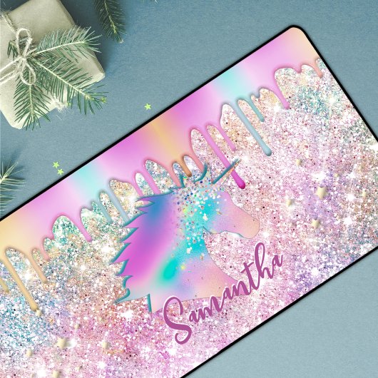 かわいい虹のユニコーンフェイクグリッター星モノグラム デスクマット