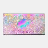 かわいい虹のユニコーンフェイクグリッター星モノグラム デスクマット (正面)