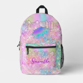 かわいい虹のユニコーンフェイクグリッター星モノグラム プリントバックパック (正面)