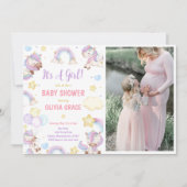 かわいい虹のユニコーン女の子の赤ちゃんシャワー写真 招待状 (正面)