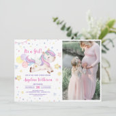 かわいい虹のユニコーン女の子の赤ちゃんシャワー写真 招待状 (スタンド正面)