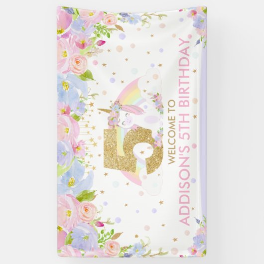 かわいい虹のユニコーン第5誕生日ウェルカムバックドロップ 横断幕 (縦)