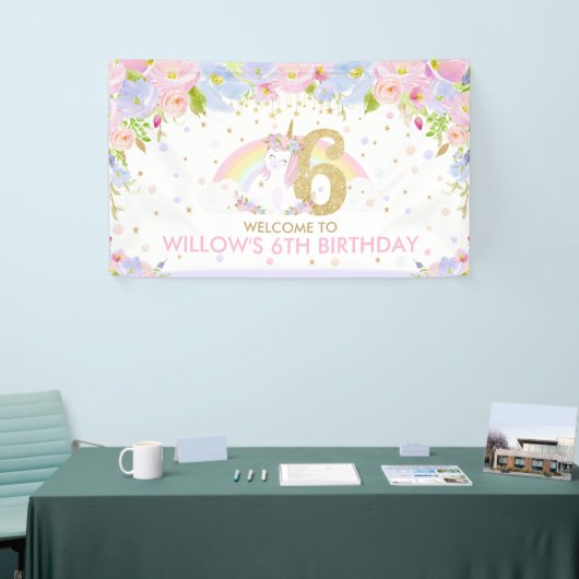 かわいい虹のユニコーン第6誕生日ウェルカムバックドロップ 横断幕 (トレードショー)