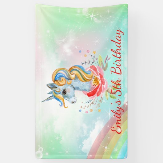 かわいい虹のユニコーン5歳誕生日パーティーバナー 横断幕 (縦)