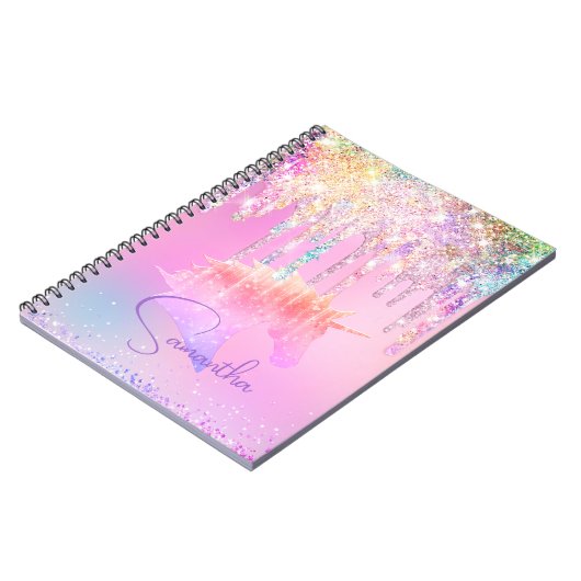 かわいい虹のユニコーン ピンクのグリッター ドリップス モノグラム ノートブック (左側)
