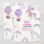 かわいい虹のユニコーン　女の子のパーティー ピンク 招待状 (正面/裏面)