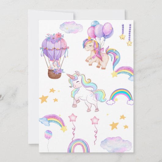 かわいい虹のユニコーン 幻想的な女の子のパーティー ピンク 招待状 (裏面)