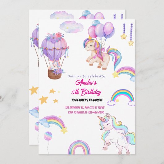 かわいい虹のユニコーン 幻想的な女の子のパーティー ピンク 招待状 (正面/裏面)