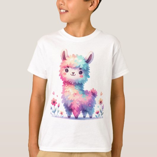 かわいい虹のラマ 幻想的なアート Tシャツ (正面)