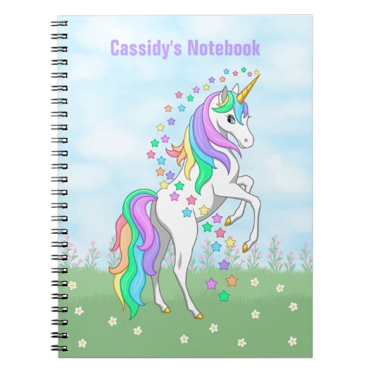 かわいい虹の一角カラフル星と花 ノートブック (正面)