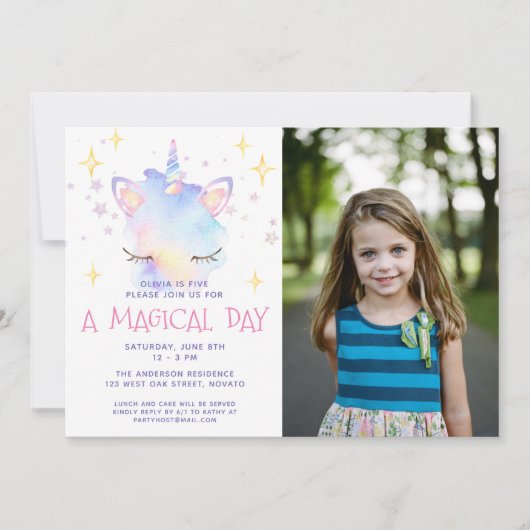 かわいい虹の一角獣の少女の誕生日パーティー 招待状 (正面)