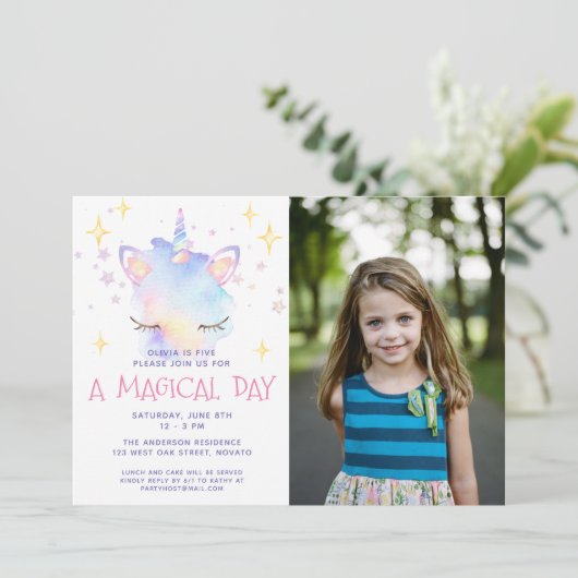 かわいい虹の一角獣の少女の誕生日パーティー 招待状 (スタンド正面)