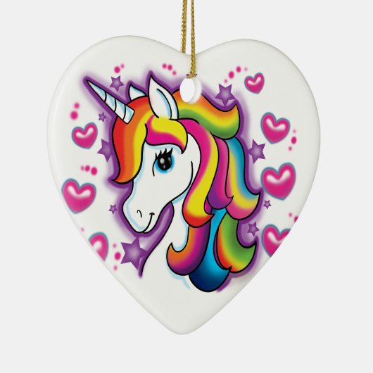 かわいい虹の一角獣（ユニコーン）の馬と星のハート セラミックオーナメント (右)