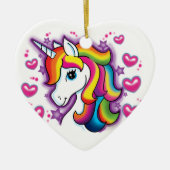 かわいい虹の一角獣（ユニコーン）の馬と星のハート セラミックオーナメント (正面)