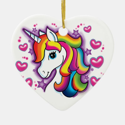 かわいい虹の一角獣(ユニコーン)の馬と星のハート セラミックオーナメント (正面)