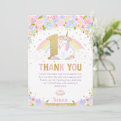 かわいい虹の一角獣(ユニコーン)の1歳の誕生日パーティー サンキューカード (スタンド正面)