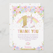 かわいい虹の一角獣(ユニコーン)の1歳の誕生日パーティー サンキューカード (正面/裏面)