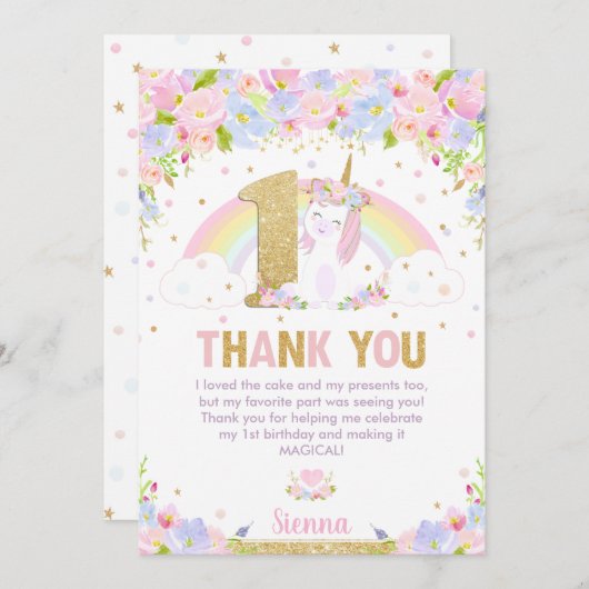 かわいい虹の一角獣（ユニコーン）の1歳の誕生日パーティー サンキューカード (正面/裏面)