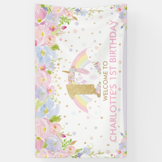 かわいい虹の一角獣（ユニコーン）の1歳目の誕生日のおかげ 横断幕 (縦)