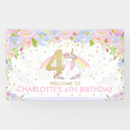 かわいい虹の一角獣（ユニコーン）の4歳誕生日の背景 横断幕