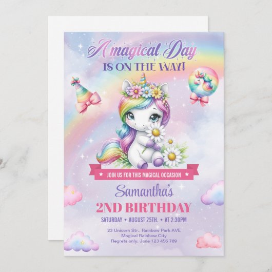 かわいい虹の一角花2nd誕生日 招待状 (正面/裏面)