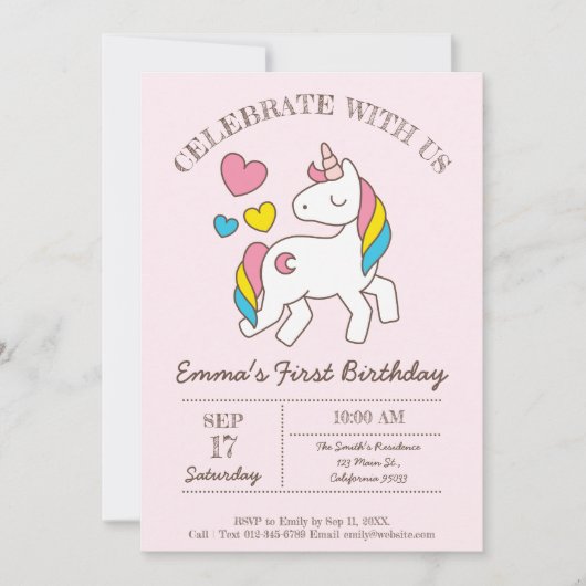 かわいい虹の一角誕生日パーティーの招待状 招待状 (正面)