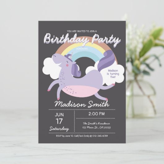 かわいい虹の一角誕生日パーティーの招待状 招待状 (スタンド正面)