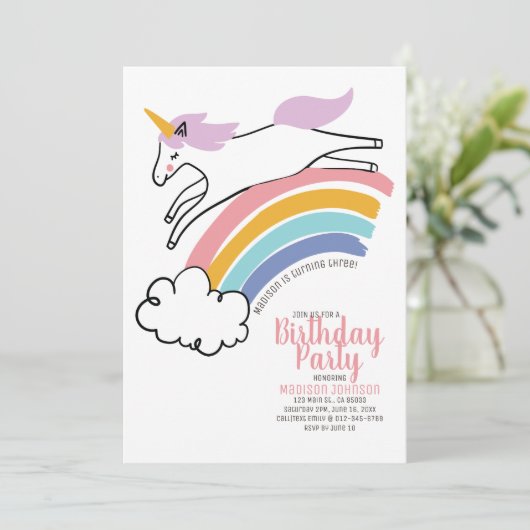 かわいい虹の一角誕生日パーティーの招待状 招待状 (スタンド正面)