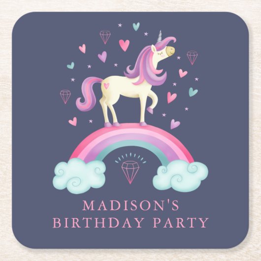 かわいい虹の一角 スクエアペーパーコースター (正面)