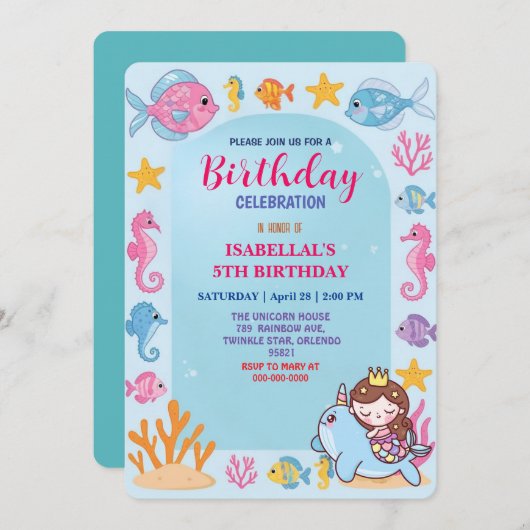 かわいい虹の人魚のナローフィッシュユニコーン誕生日 セーブザデート (正面/裏面)