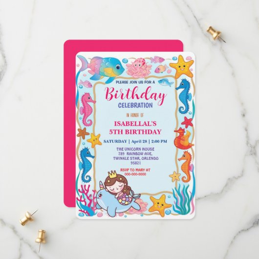 かわいい虹の人魚のナローフィッシュユニコーン誕生日 セーブザデート (正面/裏面インサイチュ)