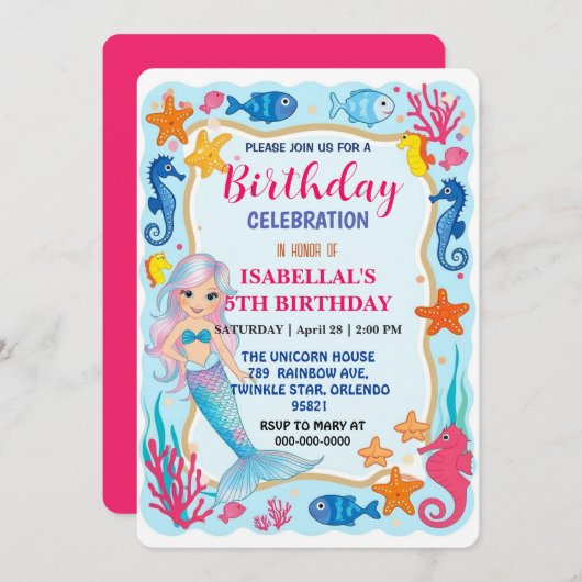 かわいい虹の人魚(セイ)・タツノオトシゴ・星の誕生日パーティ セーブザデート (正面/裏面)