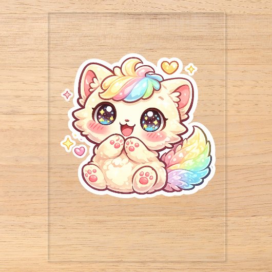 かわいい虹の子猫のパステルカラーのふわふわ猫ステッカー アクリル招待状 (正面)