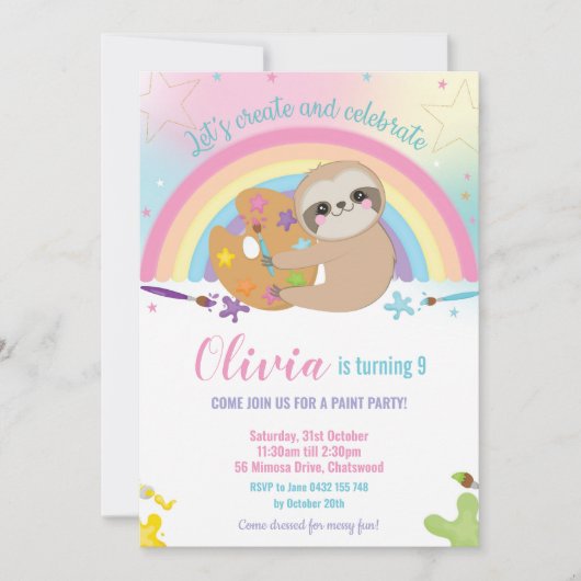 かわいい虹の怠惰の芸術のペンキの誕生会の女の子 招待状 (正面)