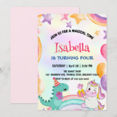 かわいい虹の恐竜ユニコーンの誕生日パーティー 招待状 (正面/裏面)