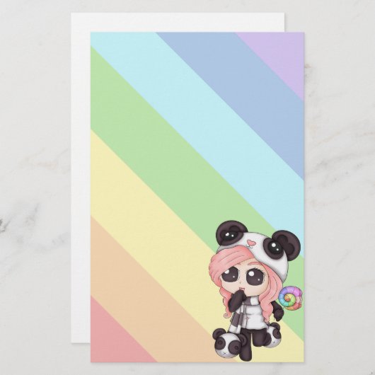 かわいい虹の日本製アニメのパンダの女の子 便箋 (正面/裏面)