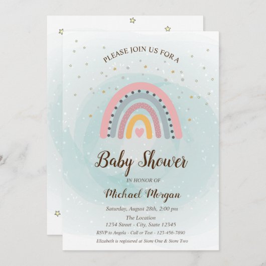 かわいい虹の星ベビーシャワー 招待状 (正面/裏面)