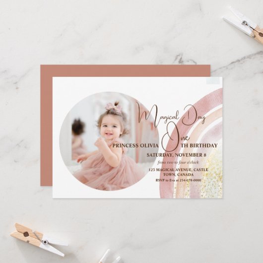 かわいい虹の水彩写真1st誕生日 招待状 (正面/裏面インサイチュ)