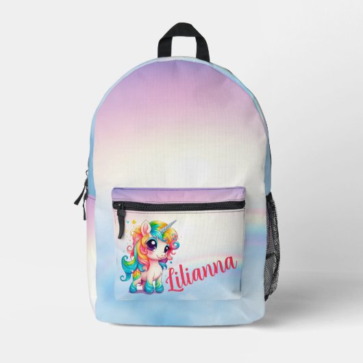 かわいい虹の色のユニコーンパーソナライズされた プリントバックパック (正面)