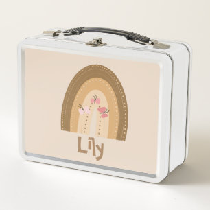 かわいい虹の蝶ピンクブラウンボヘミア メタルランチボックス